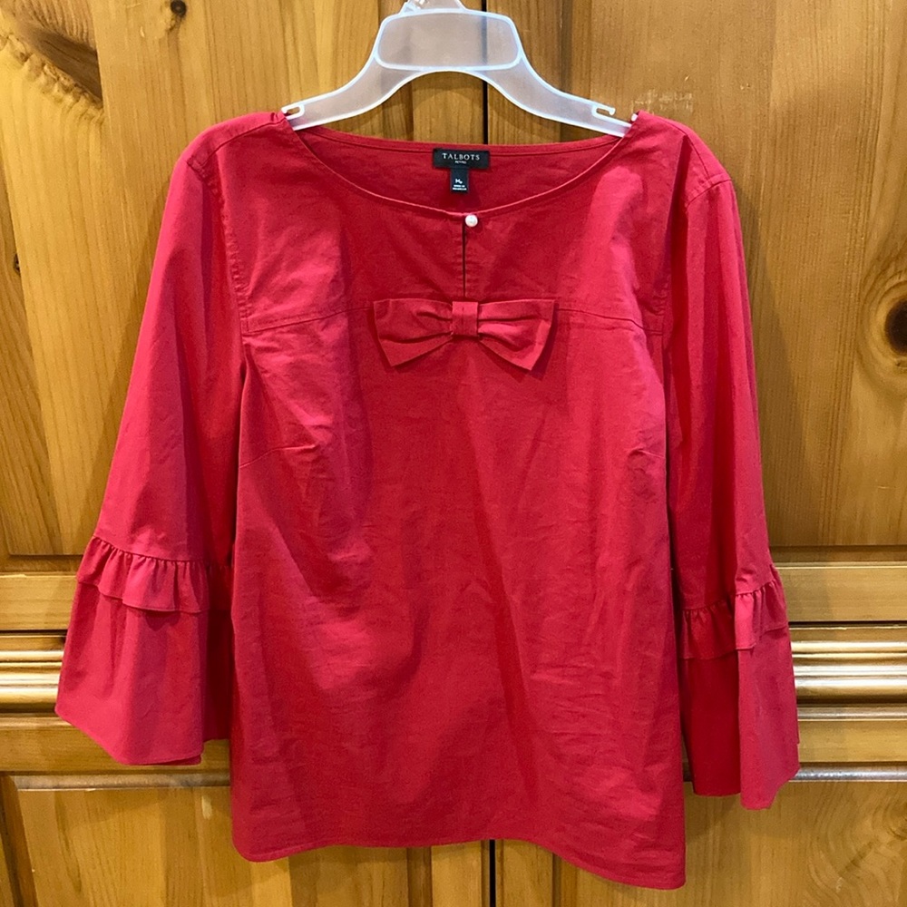 Talbots Women's Red Blouse Tiered Bell Sleeves Boat Neck Side Zipper Size MP JJ